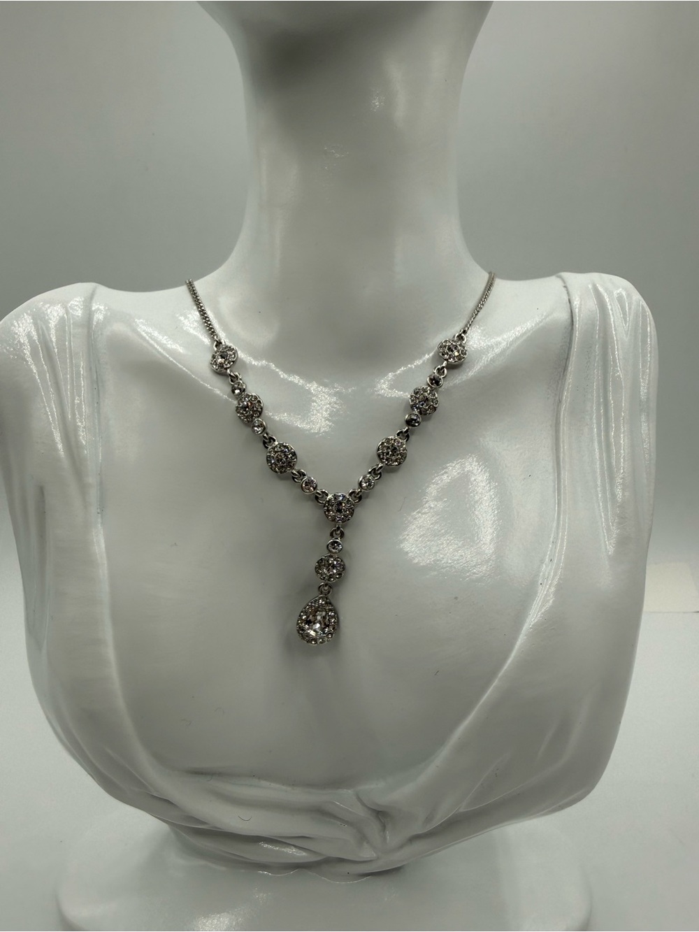 Givenchy Crystal Teardrop Y Necklace Silver Tone Rhinestone Statement Necklace - Picture 7 of 13
